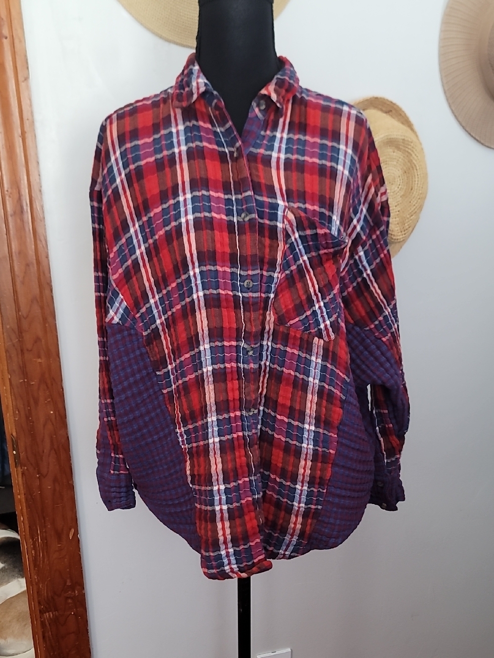 Free People Red & Navy Plaid Button-Down Shirt